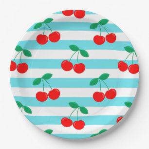 Cherry Stripe Pattern – Retro Fruit Gift & Decor Paper Plate