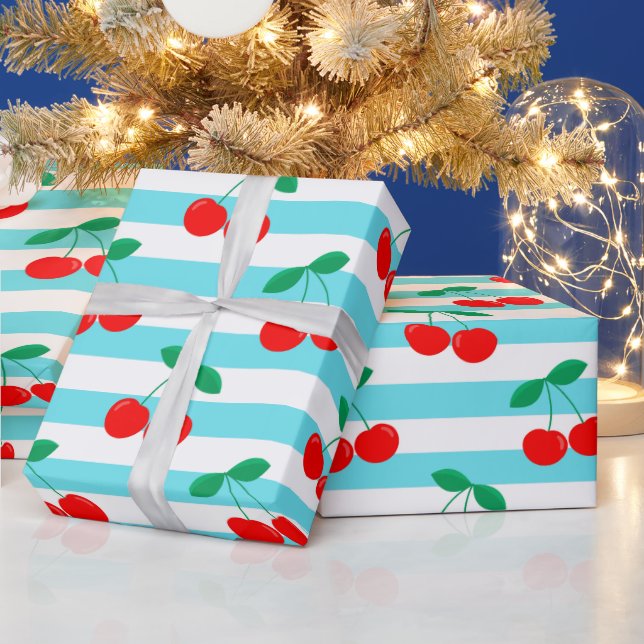 Cherry Stripe Pattern – Retro Fruit Gift & Decor Wrapping Paper (Holidays)