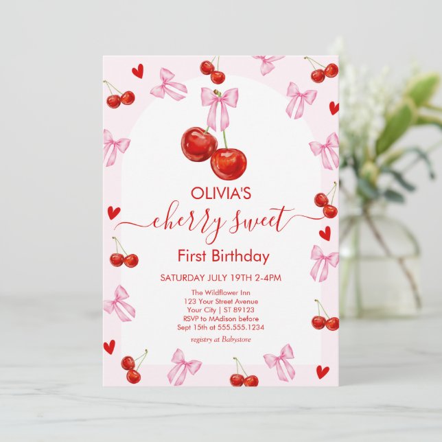 Cherry Sweet Birthday Cherries 1st Birthday Invitation (Standing Front)