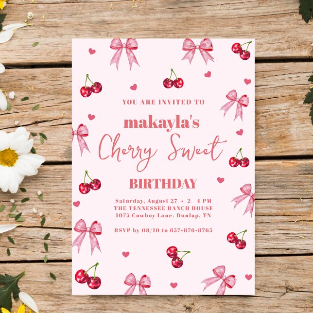 Cherry Sweet Birthday Party Bow Theme Girl  Invitation (Creator Uploaded)