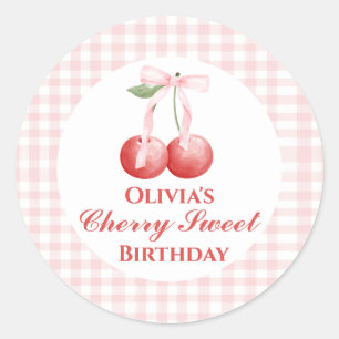 Cherry Sweet birthday Pink Bow Gingham Classic Round Sticker