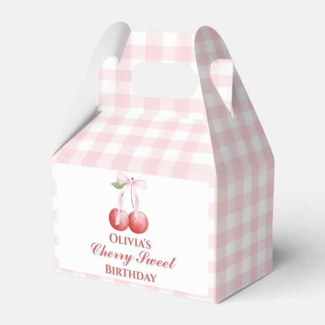 Cherry Sweet birthday Pink Bow Gingham Favor Box (Front Side)
