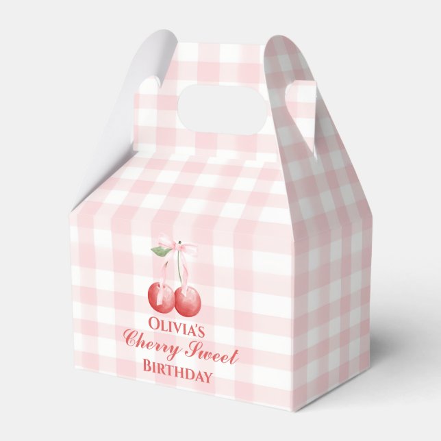 Cherry Sweet birthday Pink Bow Gingham Favor Box (Front Side)