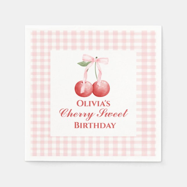 Cherry Sweet birthday Pink Bow Gingham Napkin (Front)