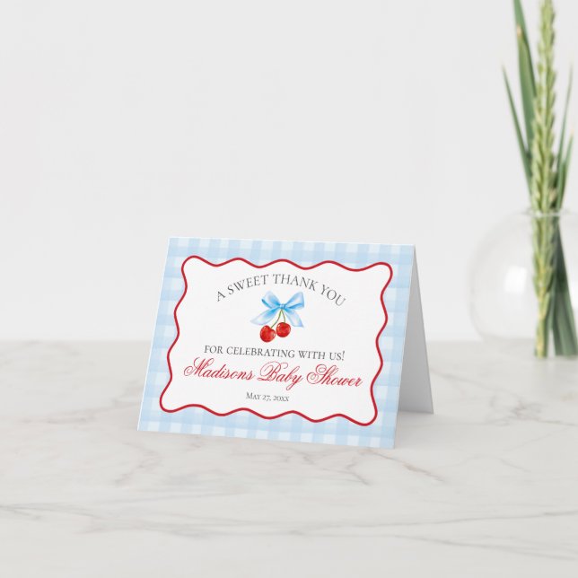 Cherry Sweet Blue Coquette Baby Thank You Card  (Front)