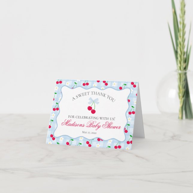 Cherry Sweet Blue Coquette Baby Thank You Card  (Front)