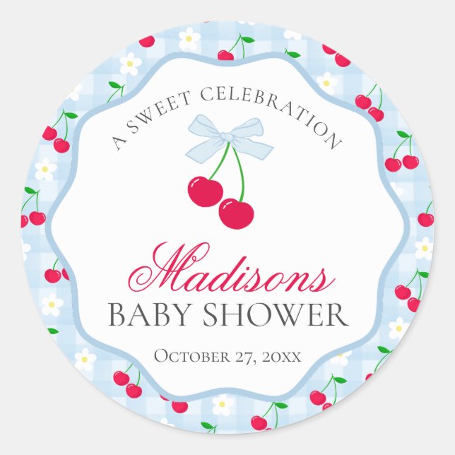 Cherry Sweet Blue Coquette Bow Baby Shower Seal (Front)