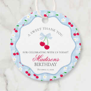 Cherry Sweet Blue Coquette Bow Birthday Circle Favour Tags