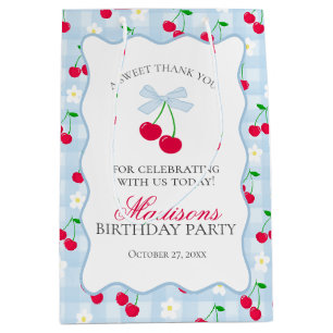 Cherry Sweet Blue Coquette Bow Birthday Favours Medium Gift Bag