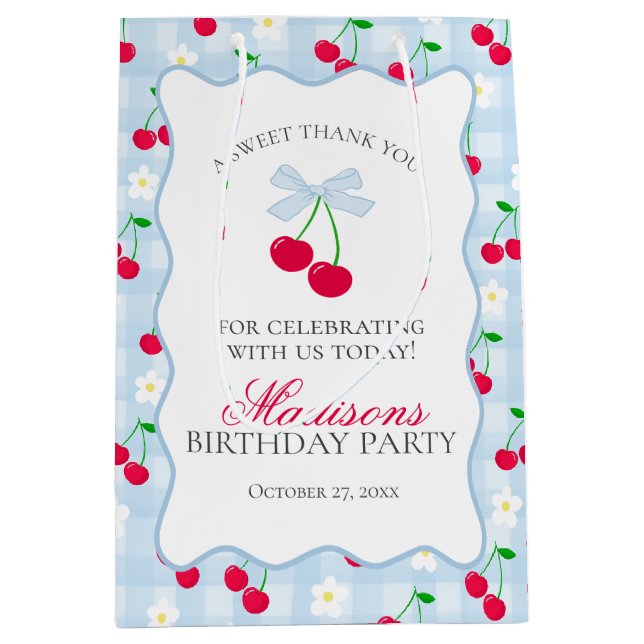 Cherry Sweet Blue Coquette Bow Birthday Favours Medium Gift Bag (Front)