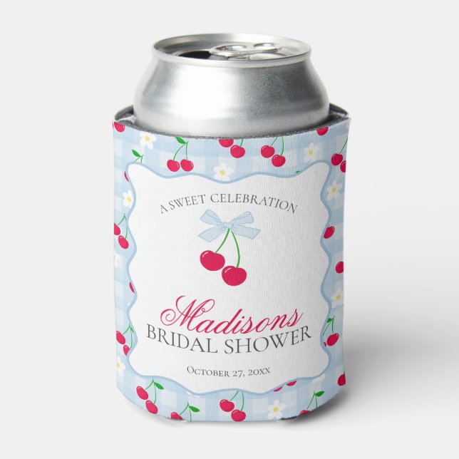 Cherry Sweet Blue Coquette Bow Bridal Shower Favou Can Cooler (Can Front)