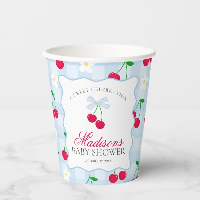Cherry Sweet Blue Coquette Bow Gingham Baby Shower Paper Cups (Front)