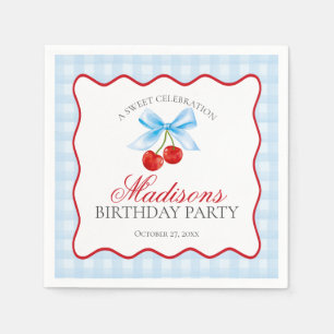 Cherry Sweet Blue Coquette Bow Gingham Birthday Napkin