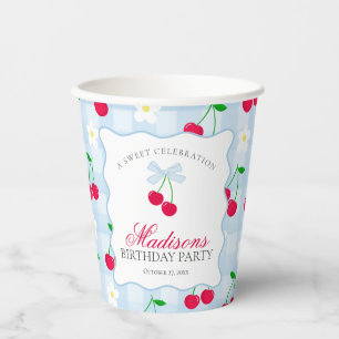 Cherry Sweet Blue Coquette Bow Gingham Birthday Paper Cups