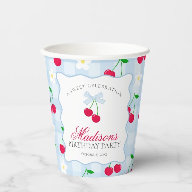 Cherry Sweet Blue Coquette Bow Gingham Birthday Paper Cups (Front)