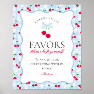 Cherry Sweet Blue Coquette Bow Gingham Favours Sig Poster