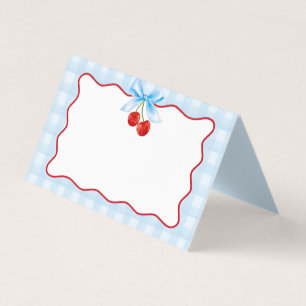 Cherry Sweet Blue Coquette Bow Gingham Place Card