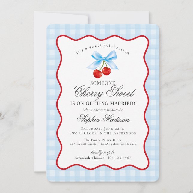 Cherry Sweet Blue Coquette Gingham Bridal Shower Invitation (Front)