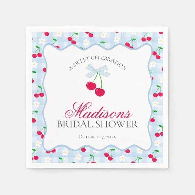 Cherry Sweet Blue Coquette Gingham Bridal Shower Napkin (Front)