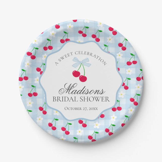Cherry Sweet Blue Coquette Gingham Bridal Shower Paper Plate (Front)