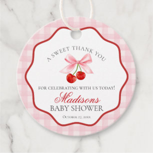 Cherry Sweet Pink Coquette Bow Baby Shower Circle Favour Tags