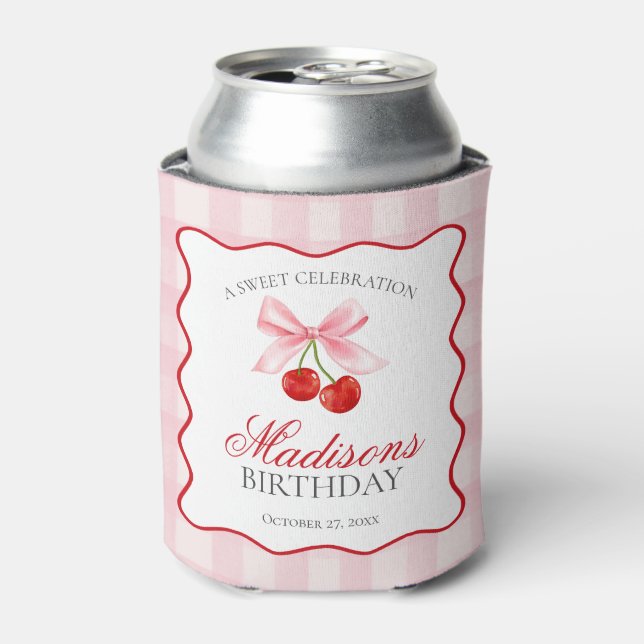 Cherry Sweet Pink Coquette Bow Birthday Favour Can Cooler (Can Front)