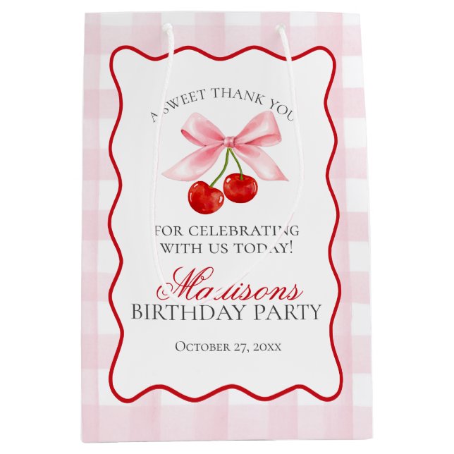 Cherry Sweet Pink Coquette Bow Birthday Favours Medium Gift Bag (Front)