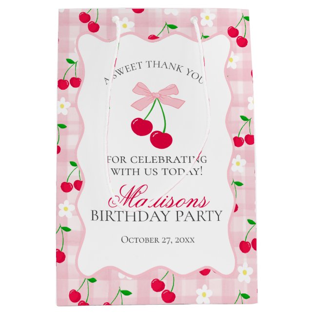 Cherry Sweet Pink Coquette Bow Birthday Favours Medium Gift Bag (Front)