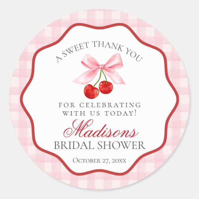 Cherry Sweet Pink Coquette Bow Bridal Shower Classic Round Sticker (Front)