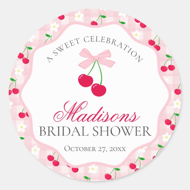 Cherry Sweet Pink Coquette Bow Bridal Shower Seal (Front)