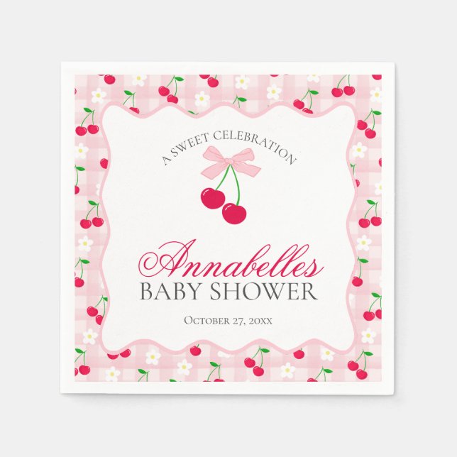 Cherry Sweet Pink Coquette Bow Gingham Baby Shower Napkin (Front)