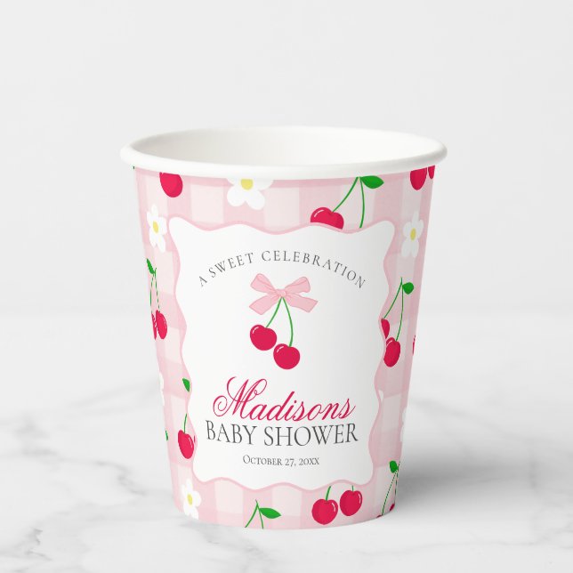 Cherry Sweet Pink Coquette Bow Gingham Baby Shower Paper Cups (Front)