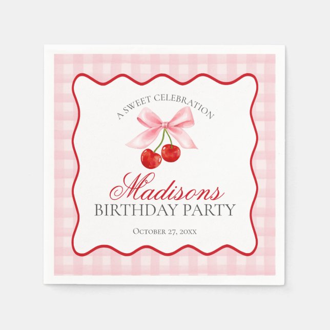 Cherry Sweet Pink Coquette Bow Gingham Birthday Napkin (Front)