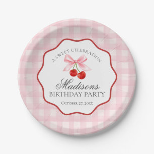 Cherry Sweet Pink Coquette Bow Gingham Birthday Paper Plate