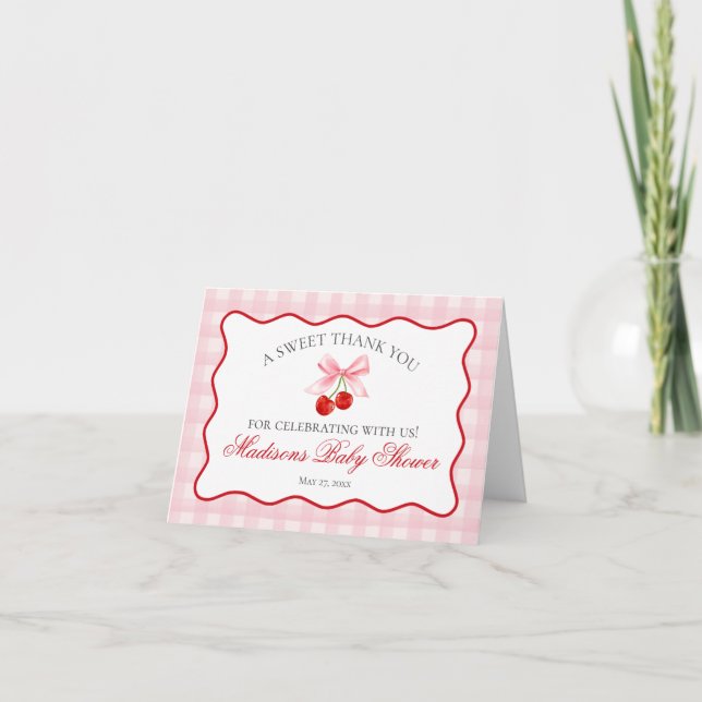 Cherry Sweet Pink Coquette Bow Thank You Card  (Front)