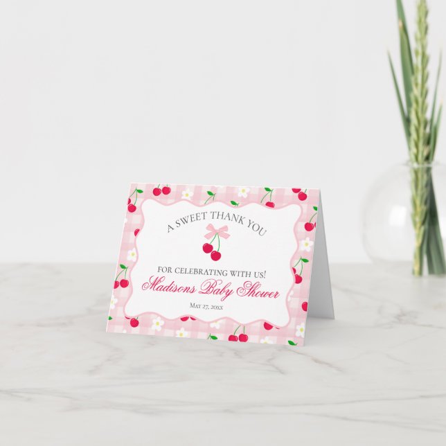 Cherry Sweet Pink Coquette Bow Thank You Card  (Front)