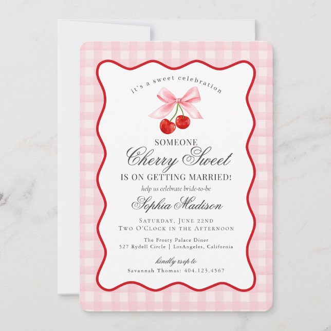 Cherry Sweet Pink Coquette Gingham Bridal Shower Invitation (Front)