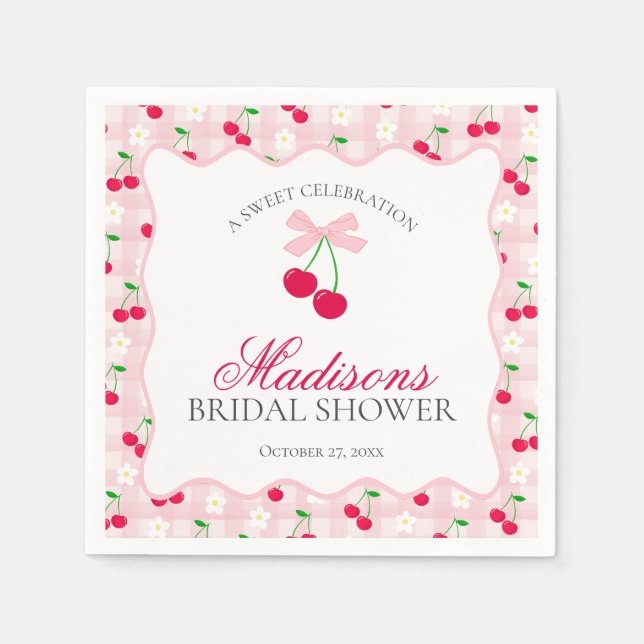 Cherry Sweet Pink Coquette Gingham Bridal Shower Napkin (Front)