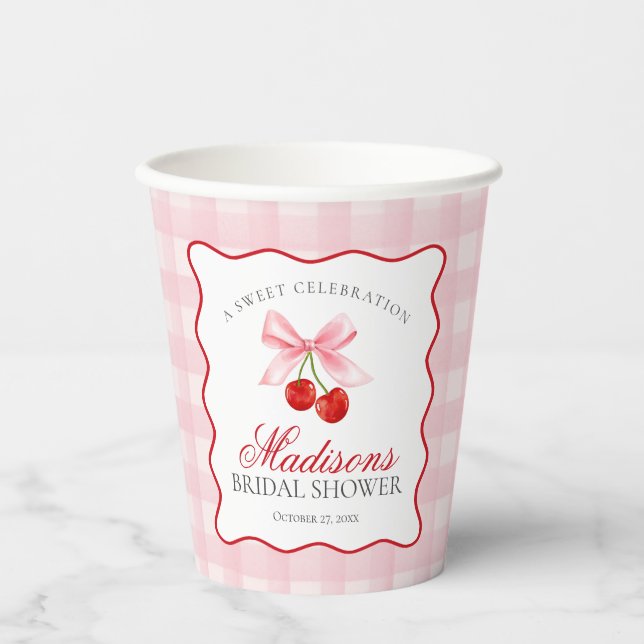 Cherry Sweet Pink Coquette Gingham Bridal Shower Paper Cups (Front)