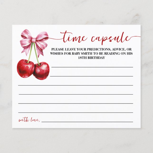 Cherry Time Capsule Baby Shower Advice Card (Front)