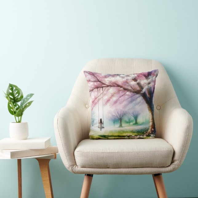 Cherry Tree With Girl On a Swing Throw Pillow (Chair)