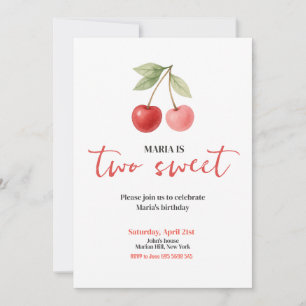 Cherry Two Sweet Watercolor Girl Birthday Party Invitation