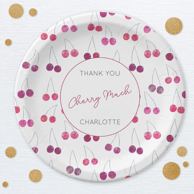 Cherry Watercolor Bridal Shower Personalized Paper Plate (Watercolor cherry pattern personalized custom text thank you cherry much party paper plate)