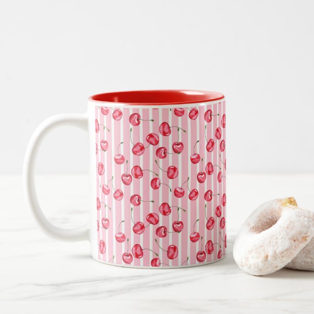 Cherry Watercolor Pattern Two-Tone Coffee Mug (With Donut)