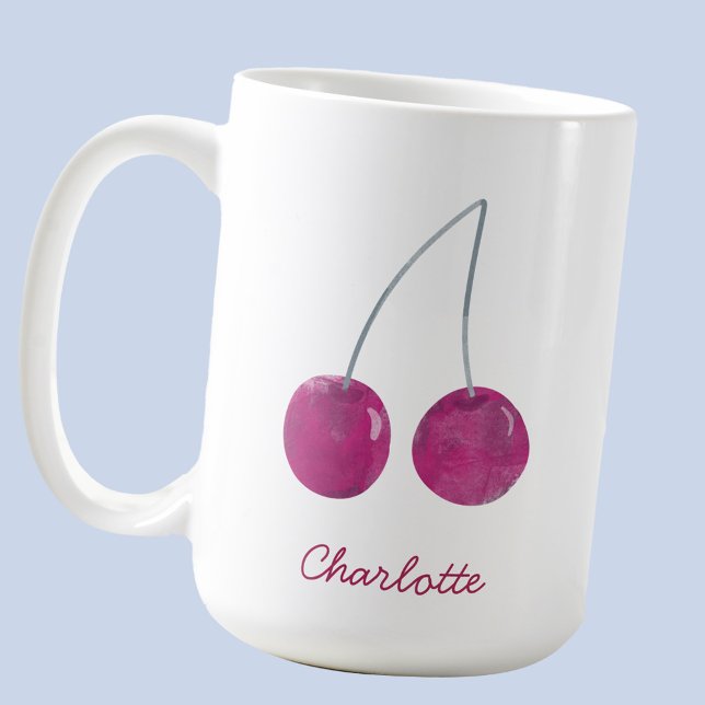 Cherry Watercolor Personalized Coffee Mug (Sweet cherry watercolor personalized script name coffee mug)