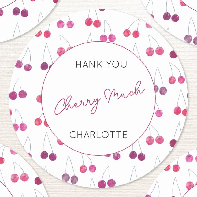 Cherry Watercolor Personalized Thank You Classic Round Sticker (Personalized custom text thank you cherry much watercolor cherries pattern sticker)