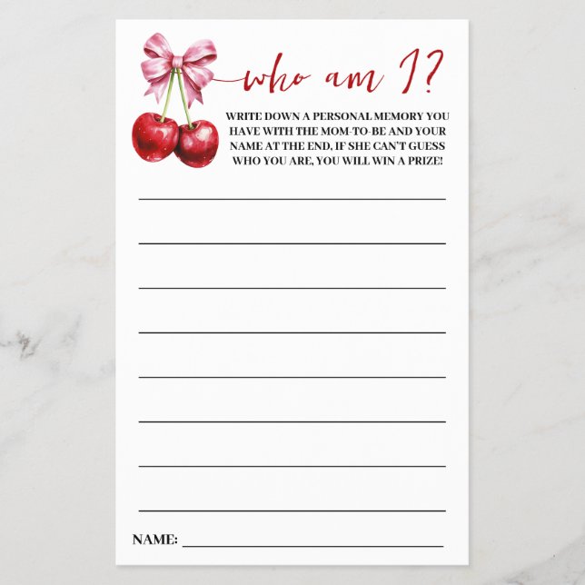 Cherry Who am I Baby Shower Game Card Flyer (Front)