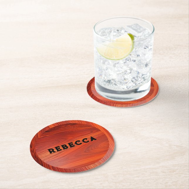 Cherry wood texture custom monogram. round paper coaster (Insitu)