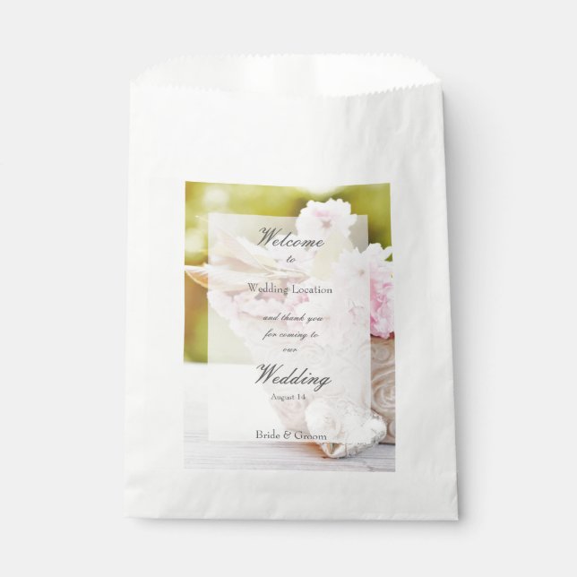 Cherryblossoms pink flowers editable wedding favour bag (Front)