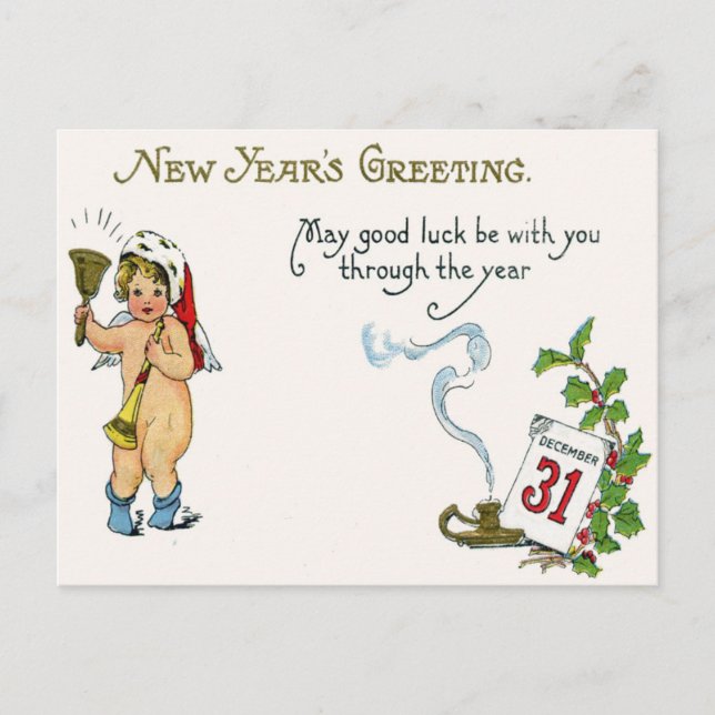 Cherub Angel Holly Calendar Bell Horn Postcard (Front)